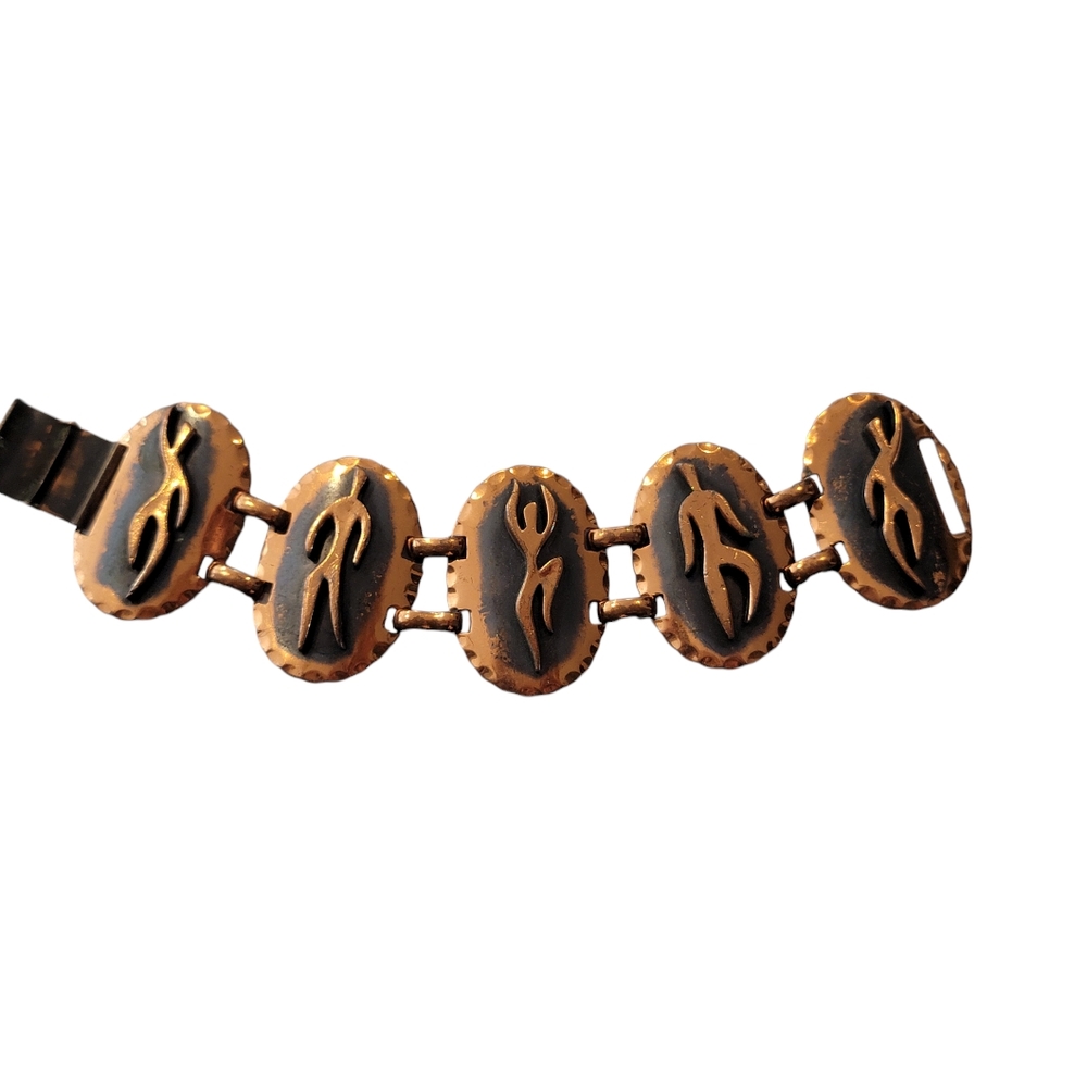 Vintage Unsigned 1960s Solid Copper Link Bracelet with Figures - 7 1/2" Long